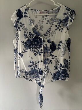 Basic Concepts Blue Floral Tie-Front Top